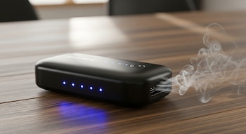 Calentador de manos portátil negro con indicadores LED azules encendidos sobre una mesa de madera, emitiendo humo por un lateral.