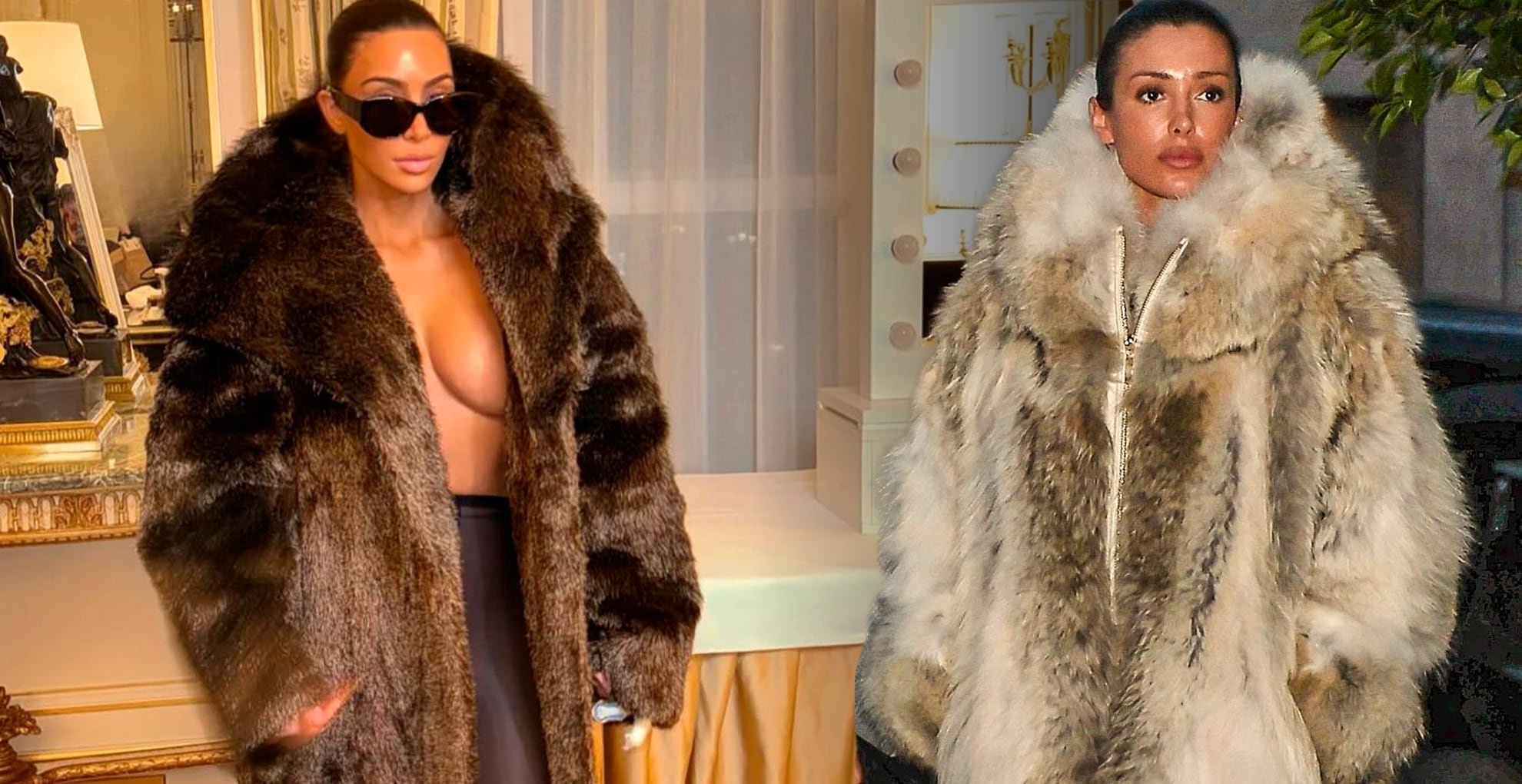 Kim Kardashian luce un atuendo similar a Bianca Censori, la actual esposa de su exmarido, Kanye West. (Créditos: Backgrid/The Grosby Group/(@kimkardashian)