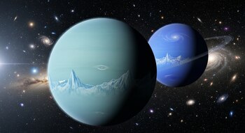 Una imagen conceptual de Urano y Neptuno, el primero en primer plano con montañas heladas y el segundo detrás con anillos, ambos sobre un fondo de estrellas y galaxias.