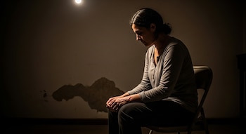 Una mujer de cabello oscuro, sentada en una silla, tiene las manos unidas sobre sus rodillas en una habitación con poca luz y una pared deteriorada.