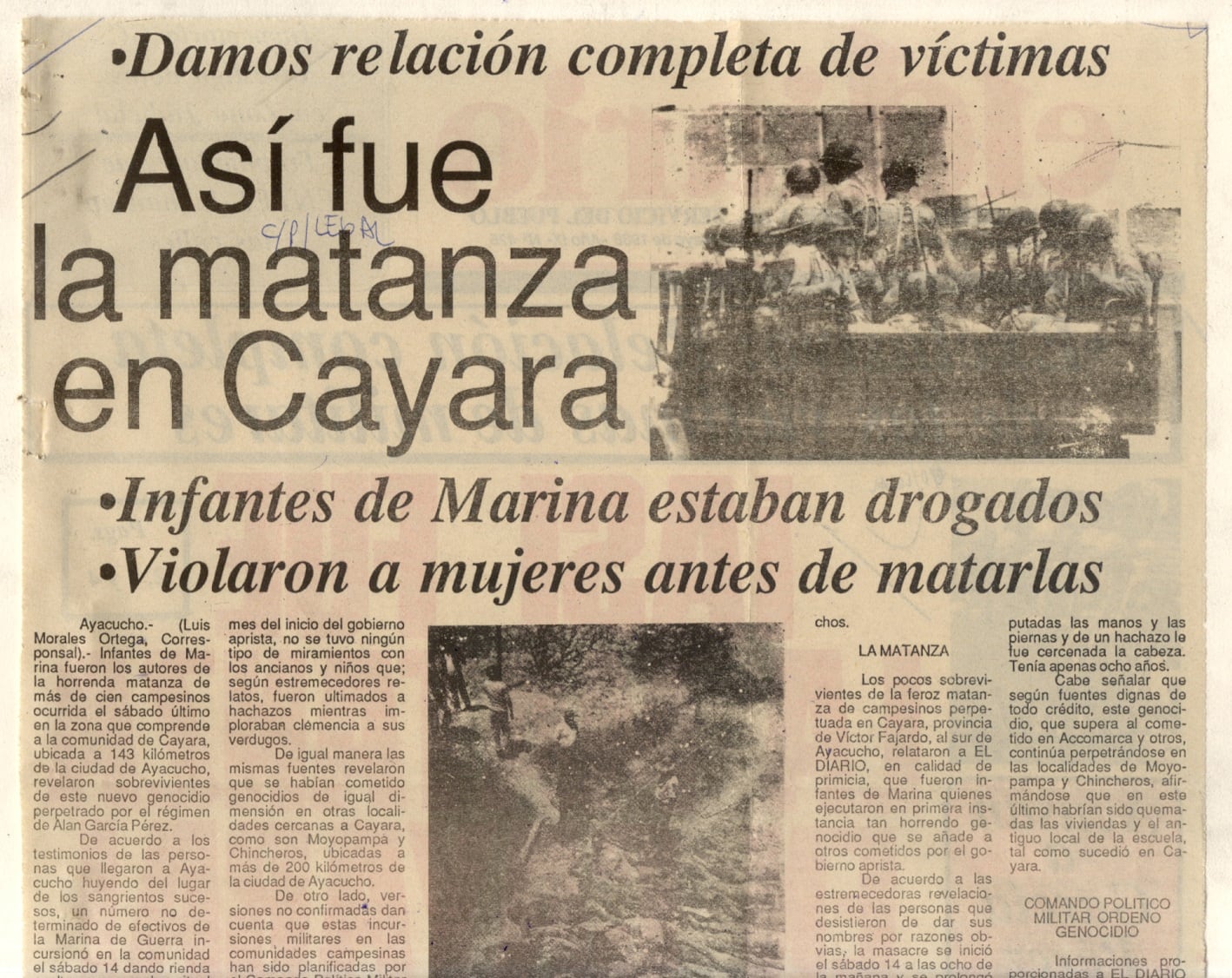 El 20 de mayo de 1988, en El Nuevo Diario, se publicó la relación completa de víctimas del caso de Cayara, asimismo se informó que ciertos integrantes de las Fuerzas Armadas habían violado a mujeres antes de asesinarlas. Foto: LUM