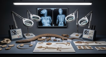 Mesa de laboratorio con una serpiente y un lagarto fósiles, restos óseos, muestras etiquetadas, lupas, microscopios y una pantalla con radiografías de esqueletos.