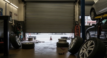Interior de taller mecánico con automóvil elevado, otro vehículo, varios neumáticos, herramientas y compresor de aire. Persiana metálica semilevantada.