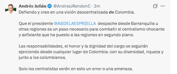 Andrés Julián Rendón, gobernador de Antioquia, respaldó que Abelardo de la Espriella desarrolle sus primeras reuniones en su despacho de Barranquilla - crédito @AndresJRendon/X