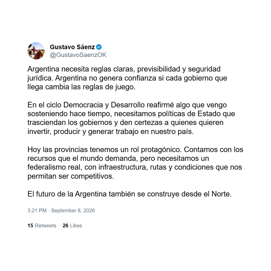 Sáenz destacó que Salta dejó de ser una provincia con minerales críticos para convertirse en una provincia minera, con una ubicación estratégica en el Triángulo del Litio (Foto: x.com/@GustavoSaenzOK)