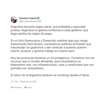 Gustavo Sáenz: "Argentina necesita reglas claras, previsibilidad y seguridad jurídica"
