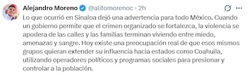 Alejandro Moreno publicó en redes sociales nuevas acusaciones contra el gobierno de Morena por presuntos vínculos con el crimen organizado. X; @alitomorenoc