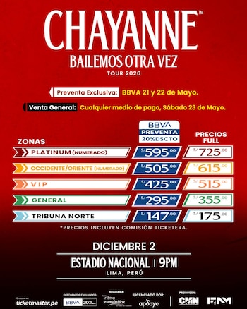 Póster promocional del concierto de Chayanne 'Bailemos Otra Vez Tour 2026' en Perú, mostrando fechas de venta, precios de entradas y el Estadio Nacional