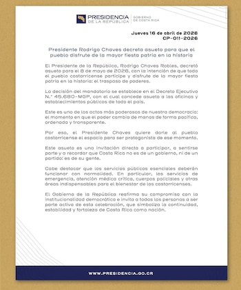 Comunicado emitido por Casa Presidencial este jueves. Cortesía: Presidencia de la República.