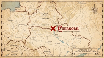 Mapa de estilo vintage de Europa del Este, mostrando Ucrania, Bielorrusia, Polonia y otros países, con un punto rojo marcado como Chernóbil.