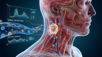 Vista anatómica semitransparente de cabeza y cuello con un tumor brillante y partículas de ADN viral en el torrente sanguíneo, junto a gráficos de señales detectadas.