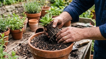 Manos que sostienen una planta suculenta con raíces y tierra sobre una maceta de barro en una mesa con otras plantas.