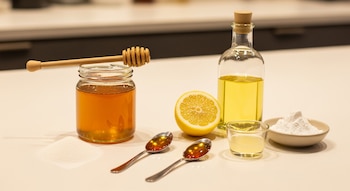 Frasco de miel con dipper, medio limón, azúcar granulada, botella de aceite neutro, dos cucharas con extracto de propóleo y cuenco con azúcar impalpable sobre una mesada.