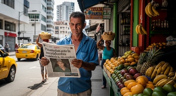 Un hombre lee un periódico frente a un puesto de venta de frutas con mangos, piñas y plátanos; detrás, una mujer lleva una cesta en la cabeza y pasan taxis amarillos en una calle urbana.