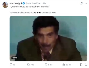 Captura de Twitter con texto sobre el Mundial y Liga MX, incluye un video de un hombre con bigote y expresión de desinterés en primer plano