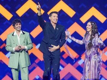 Javi Ambrossi, Jesús Vázquez e Inés Hernand, presentadores del último Benidorm Fest. (Europa Press)