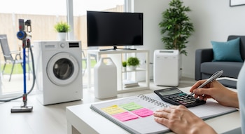 Primer plano de manos usando una calculadora y un calendario con notas, con una lavadora, televisor y aspiradora visibles al fondo en un hogar moderno.