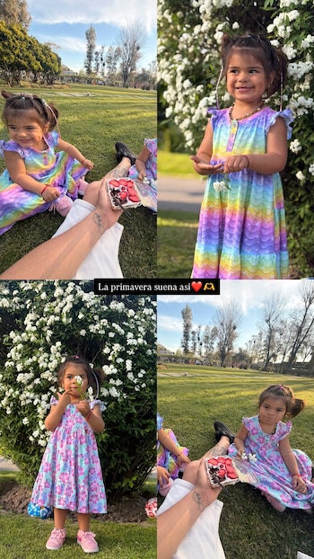 Collage de cuatro fotos de niñas pequeñas con vestidos coloridos al aire libre, con flores blancas y un postre con frutillas