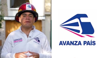 Un hombre viste un casco rojo de bombero y una camisa blanca junto al logotipo del partido Avanza País