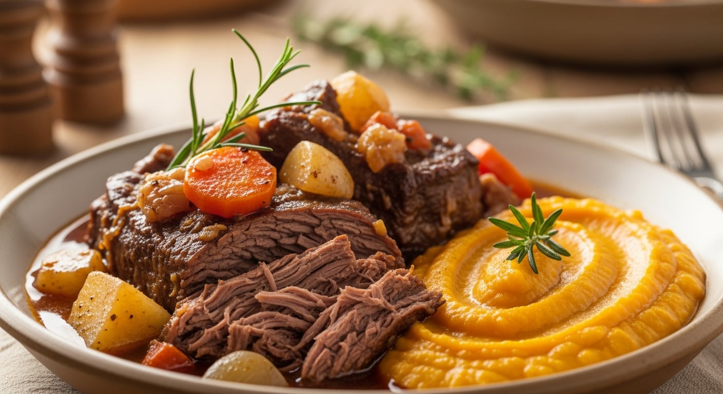 La colita de cuadril se realza con puré de calabaza especiado y romero aromático (Imagen Ilustrativa Infobae)