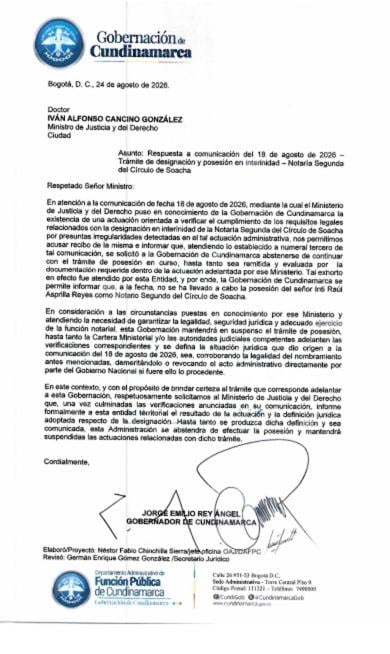La autoridad departamental solicitó que, cuando concluya la verificación, el Ministerio comunique oficialmente sus conclusiones y precise qué ocurrirá con la designación - crédito Gobernación de Cundinamarca