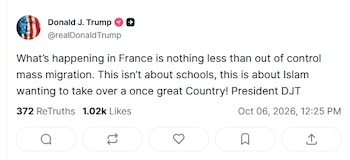 Mensaje de Donald Trump en Truth Social sobre los disturbios: "Lo que está sucediendo en Francia no es otra cosa que una migración masiva fuera de control. ¡Esto no tiene que ver con las escuelas, sino con el Islam que quiere apoderarse de un país que alguna vez fue grande! Presidente DJT"