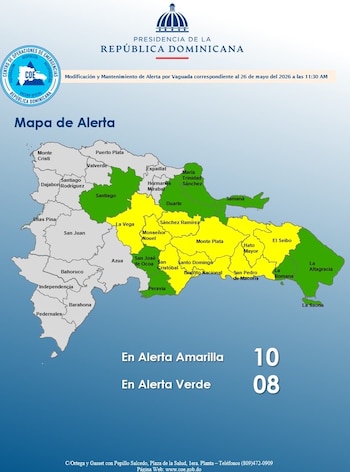 Mapa oficial de la República Dominicana emitido por el COE, que muestra las provincias en alerta amarilla y verde por la vaguada. Diez provincias, incluido el Distrito Nacional, se encuentran en alerta amarilla y ocho en alerta verde (Cortesía El COE).