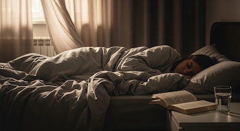 Vista lateral de una persona durmiendo profundamente de lado en una cama con sábanas grises, junto a una mesita con un libro abierto y un vaso de agua.