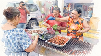 Ilustración en acuarela de una mujer que sirve comida en un puesto callejero mientras una persona le entrega billetes.