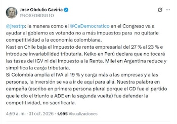 Gaviria hizo la advertencia vía X la mañana del sábado 31 de octubre de 2026 - crédito @JOSEOBDULIO/X