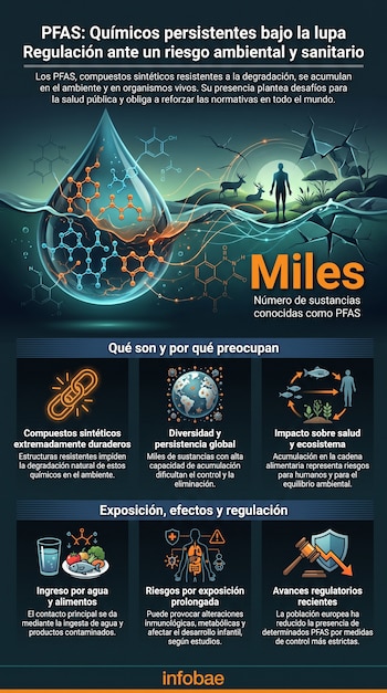 Infografía con moléculas, figura humana, animales, gráficos sobre riesgos y regulación de los compuestos perfluorados, y texto explicativo.