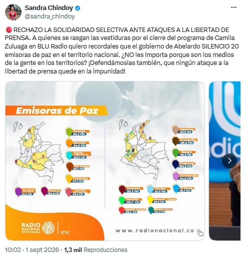 Sandra Shindoy cuestionó la suspensión de las Emisoras de Paz - crédito @sandra_chindoy/X