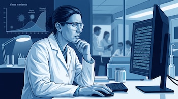 Una científica con gafas de protección observa secuencias genéticas en un monitor junto a un gráfico de virus.