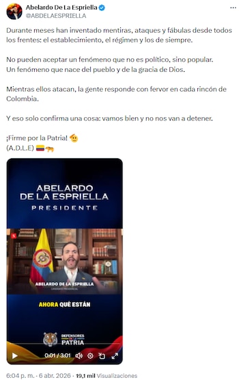Abelardo de la Espriella denunció campañas de desprestigio y defendió respaldo ciudadano - crédito @ABDELAESPRIELLA/X