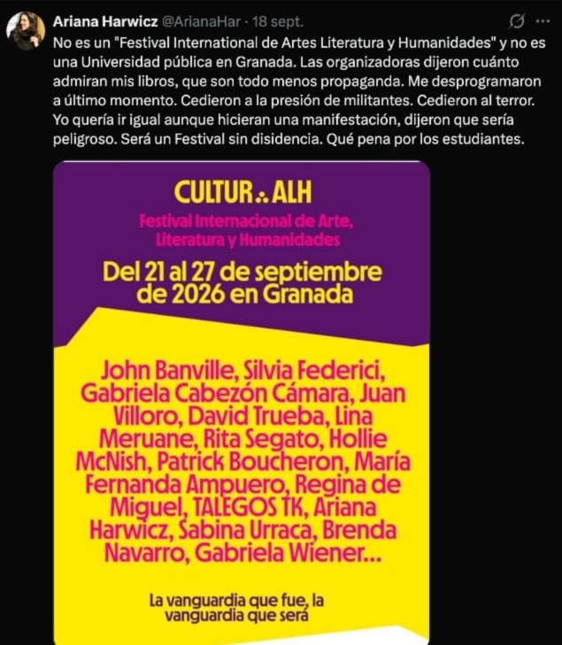 La escritora Ariana Harwicz comunica en redes sociales que se canceló su participación en el festival Cultur ALH en Granada.