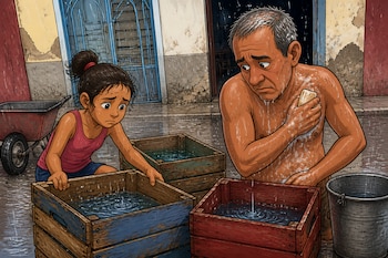 Una niña coloca cajas de madera para recoger lluvia junto a un hombre que sostiene un jabón, con un balde y una carretilla al fondo.