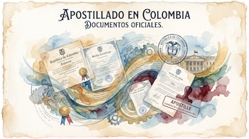 Ilustración en acuarela de documentos colombianos como diplomas, certificados de nacimiento y actos legales, con sellos y engranajes, y el texto "Apostillado en Colombia Documentos Oficiales".