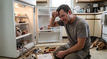 Hombre arrodillado frente a un refrigerador abierto con cables y herramientas en el suelo de la cocina junto a un perro echado.