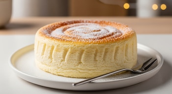 Un pastel redondo de yogur griego con una espiral de azúcar glas en la parte superior, servido en un plato blanco con un tenedor de metal.