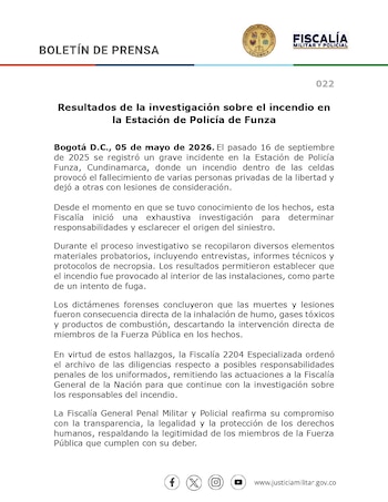 La investigación determinó que el incendio fue provocado en un intento de fuga durante un motín en las celdas, según la Fiscalía 2204 Especializada - crédito @FiscaliaJPMPCol / X
