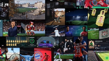 Collage con varias imágenes de partidos de fútbol virtuales, cartas de jugadores, menús de interfaz y estadios