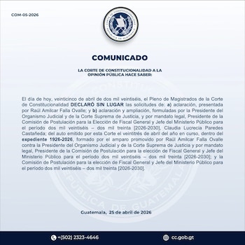 El recurso de aclaración presentado por el abogado Raúl Falla es rechazado y la lista de aspirantes permanece vigente para el periodo 2026-2030. (Cortesía: Corte de Cnstitucionalidad)