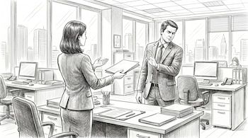 Boceto en blanco y negro de una mujer en una oficina presentando documentos a un hombre que hace un gesto de detención. Se ven escritorios, computadoras y una ciudad al fondo.