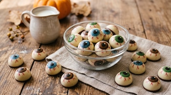 Bombones con forma de globos oculares dentro de un cuenco de vidrio y sobre una mesa de madera, junto a una jarra pequeña con leche y una calabaza.