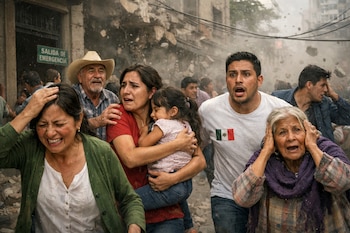 Un grupo de mexicanos asustados corre mientras escombros y polvo caen en una calle. Se ven personas cubriéndose, una mujer abraza a una niña, y un hombre lleva una camiseta con la bandera de México.