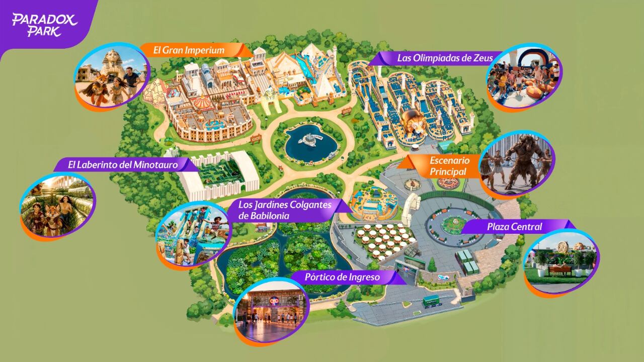 Un mapa del parque temático Paradox Park en Lima señala las distintas zonas de entretenimiento inspiradas en antiguas civilizaciones.