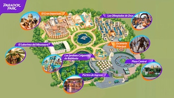Ilustración aérea de un parque temático con rótulos de sus zonas y seis recuadros circulares con imágenes de las atracciones