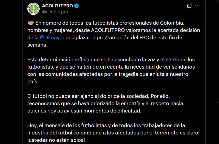 La Dimayor fue felicitada por el gremio de jugadores profesionales, por aplazar el fútbol colombiano debido al terremoto - crédito Acolfutpro