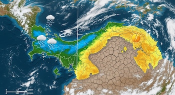 Mapa de Panamá ilustra zonas con nubes y lluvia en el sector Atlántico y áreas con suelo agrietado y un sol roto en el sector Pacífico.