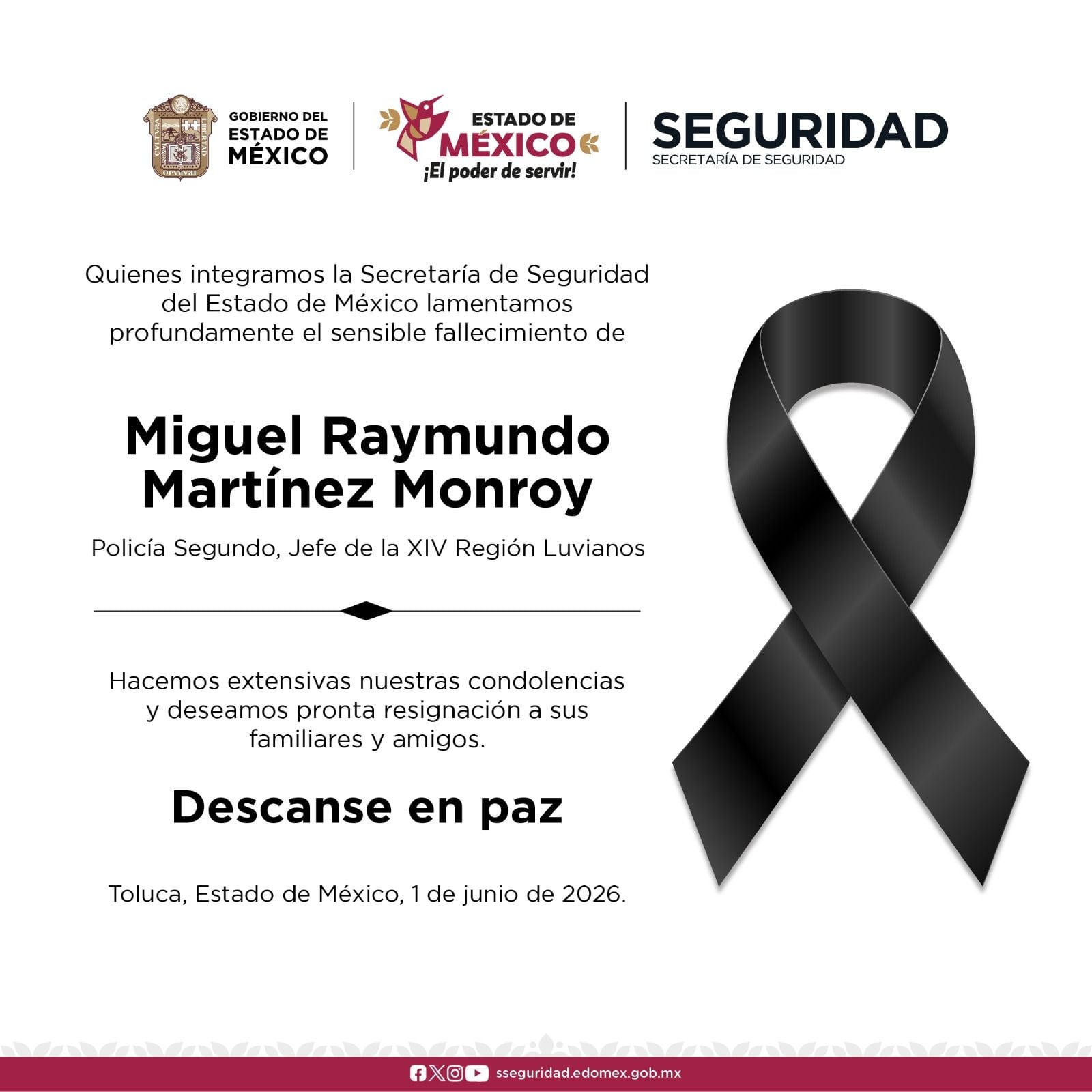 La Secretaría de Seguridad estatal difundió una esquela en memoria de Miguel Raymundo Martínez Monroy. (Crédito: SSEM)